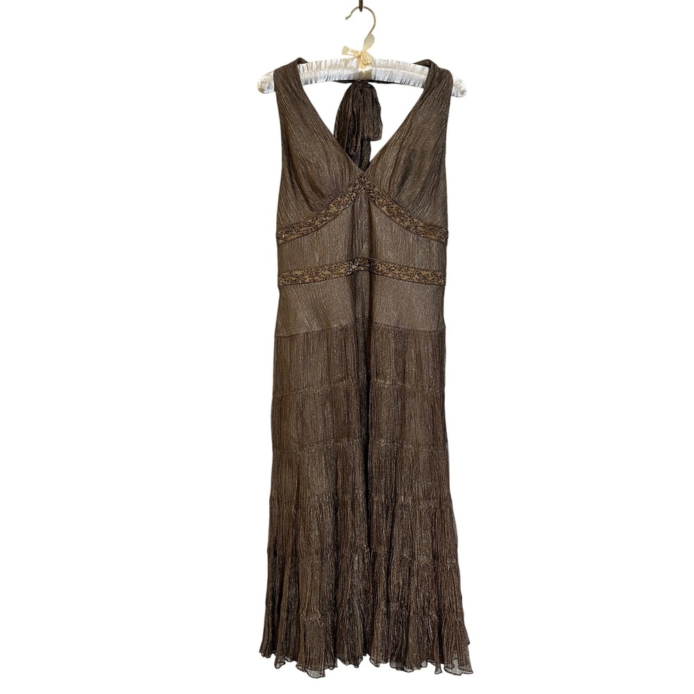 Vintage Cache Halter Midi Dress Size 8 Bronze Metallic Silk Blend Beaded Tiered